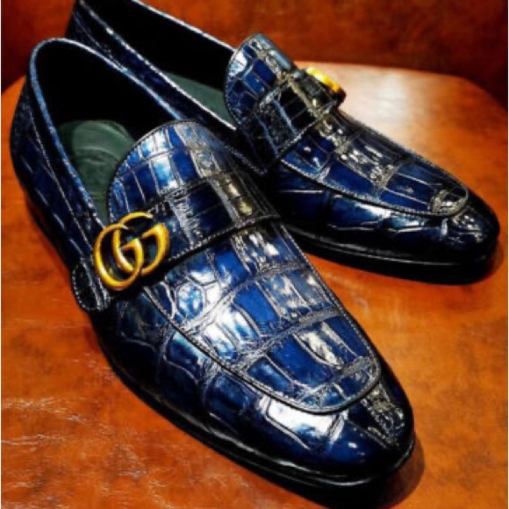 Bespoke Premium Quality Black Shiny Alligator Print Leather Moccasin Men's Shoes